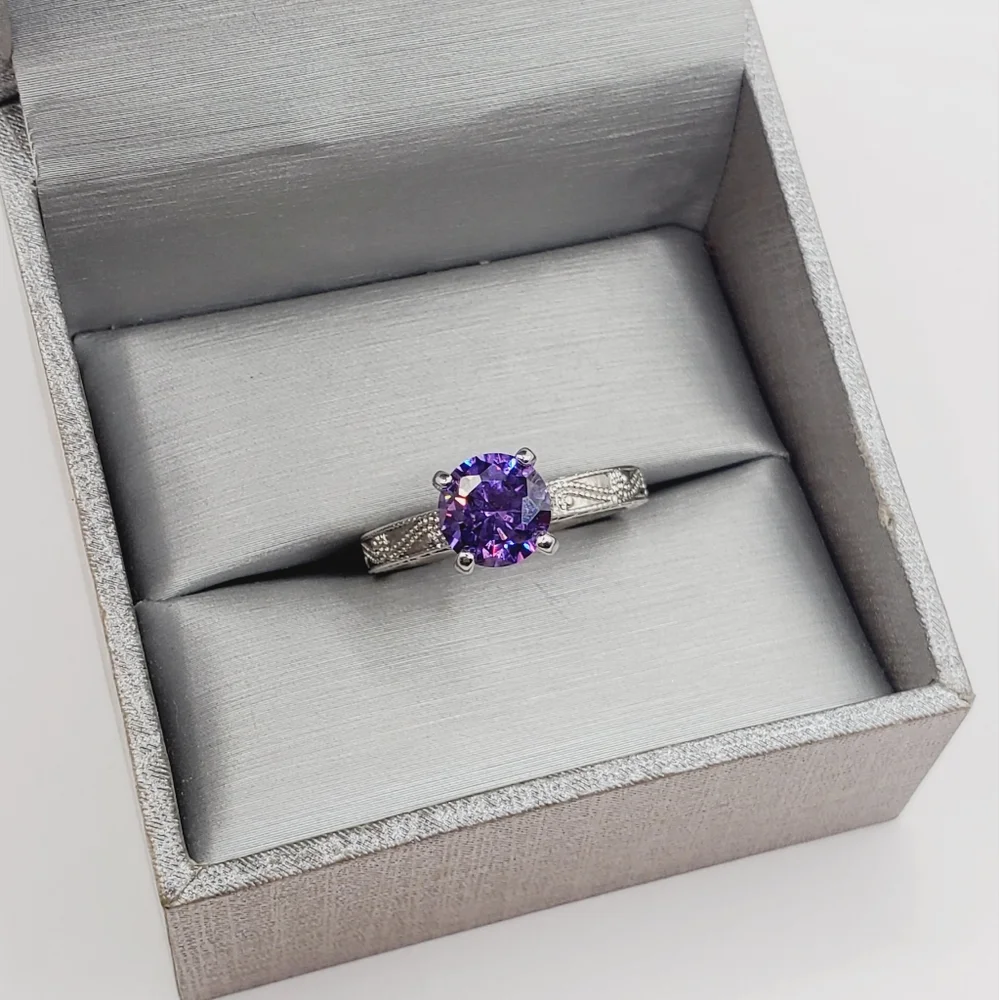 Round Amethyst Simulant Rhodium Plated Silver Tone Solitaire Ring